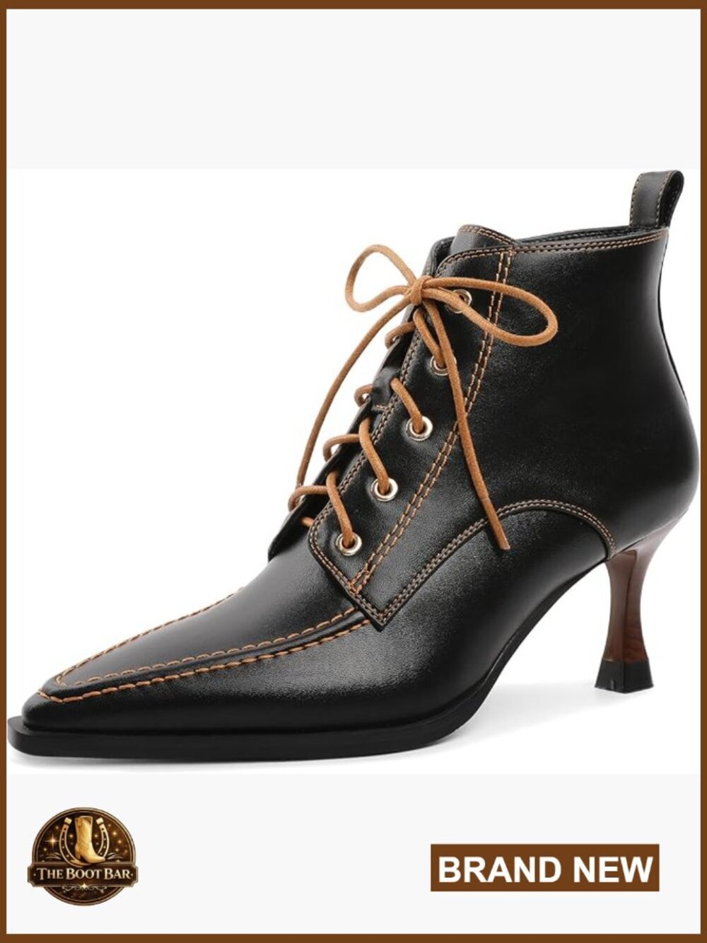 Stiletto High Heel Lace Up Square Toe Side Zipper Leather Ankle Boots 3in